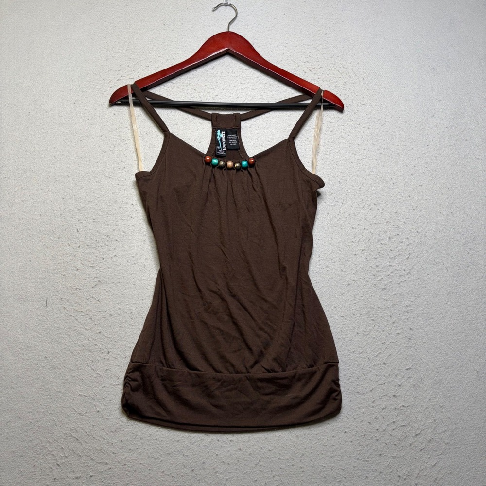 Weavers Tank Top Women Medium Brown Beaded Racerback Y2K Ruched Banded Hem